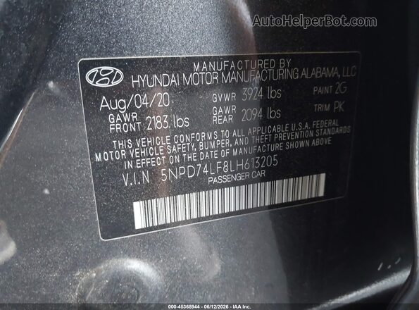 5NPD74LF8LH613205 2020 HYUNDAI ELANTRA Gray Vista del compartimento del motor
