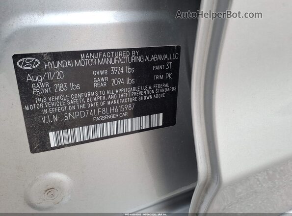 5NPD74LF8LH615987 2020 HYUNDAI ELANTRA Silver Vista del compartimento del motor
