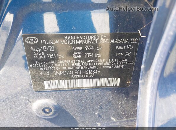 5NPD74LF8LH616346 2020 HYUNDAI ELANTRA Blue Engine compartment view