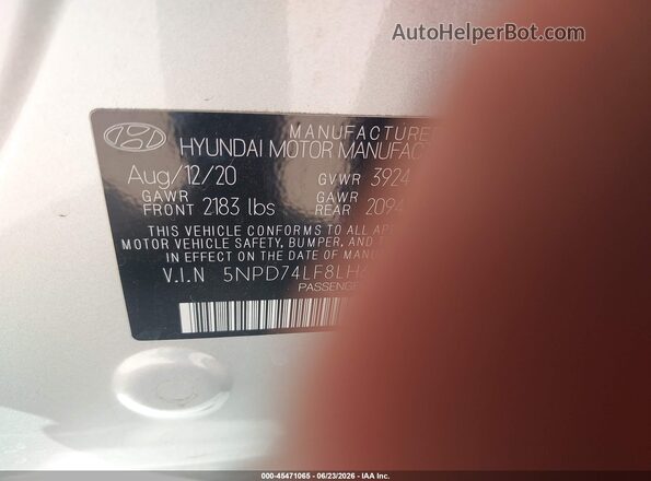 5NPD74LF8LH616430 2020 HYUNDAI ELANTRA Silver ძრავის განყოფილების ხედი
