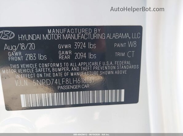 5NPD74LF8LH618131 2020 HYUNDAI ELANTRA White Widok komory silnika