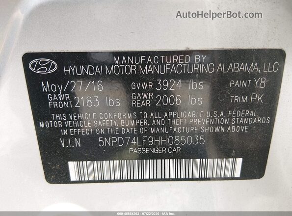 5NPD74LF9HH085035 2017 HYUNDAI ELANTRA Silver ძრავის განყოფილების ხედი