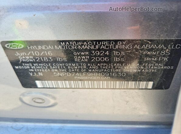 5NPD74LF9HH091630 2017 HYUNDAI ELANTRA Gray Вид наклейки з VIN-кодом