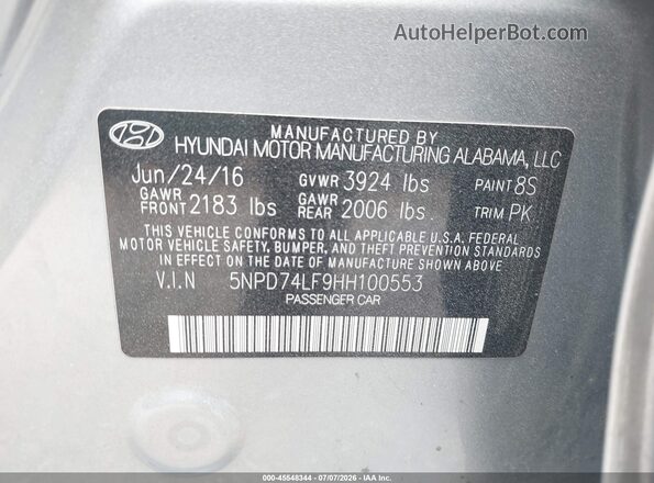 5NPD74LF9HH100553 2017 HYUNDAI ELANTRA Серебряный Вид подкапотного пространства