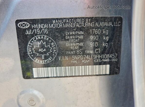5NPD74LF9HH108457 2017 HYUNDAI ELANTRA Silver Շարժիչի բաժամունքի տեսք