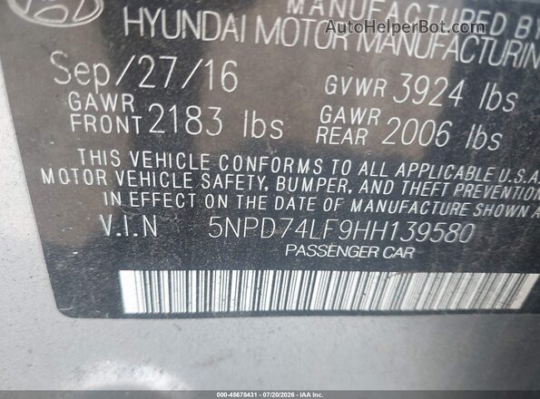5NPD74LF9HH139580 2017 HYUNDAI ELANTRA Gray Widok komory silnika