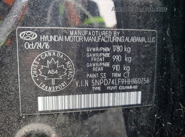 5NPD74LF9HH150756 2017 HYUNDAI ELANTRA Черный Вид наклейки с VIN-кодом