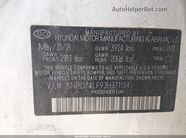 5NPD74LF9JH371134 2018 HYUNDAI ELANTRA White Շարժիչի բաժամունքի տեսք