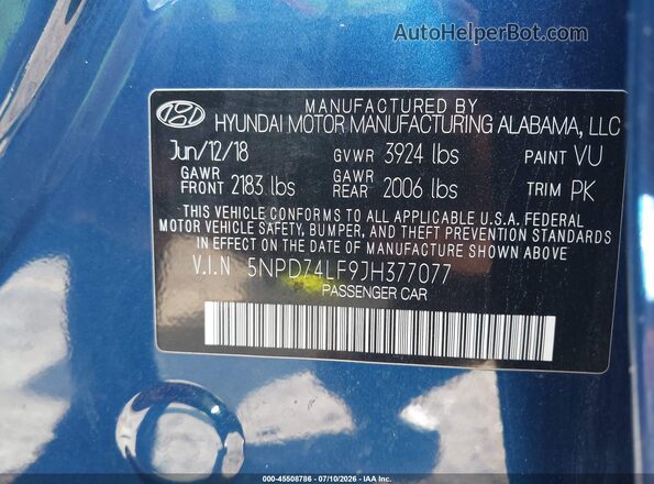 5NPD74LF9JH377077 2018 HYUNDAI ELANTRA Blue ძრავის განყოფილების ხედი