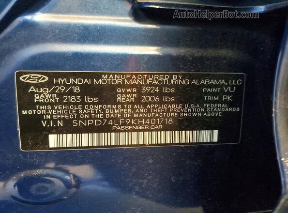 5NPD74LF9KH401718 2019 HYUNDAI ELANTRA Blue Engine compartment view