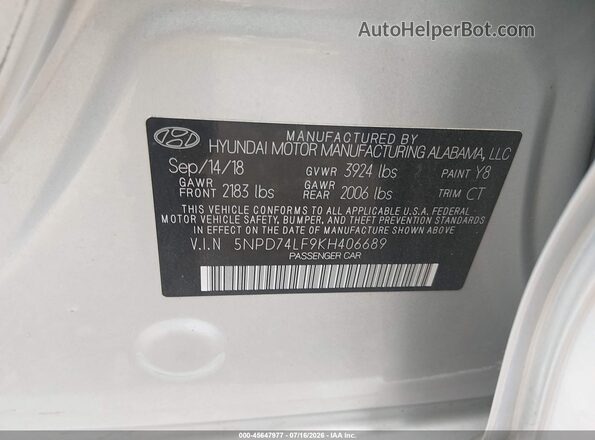 5NPD74LF9KH406689 2019 HYUNDAI ELANTRA Silver Vista del compartimento del motor