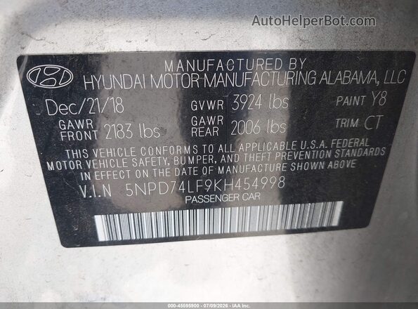 5NPD74LF9KH454998 2019 HYUNDAI ELANTRA Silver Vista del compartimento del motor