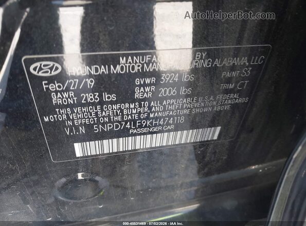 5NPD74LF9KH474118 2019 HYUNDAI ELANTRA Black Շարժիչի բաժամունքի տեսք