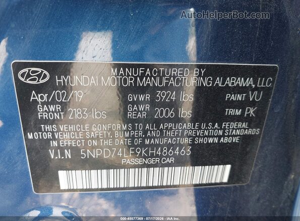 5NPD74LF9KH486463 2019 HYUNDAI ELANTRA Blue Widok komory silnika