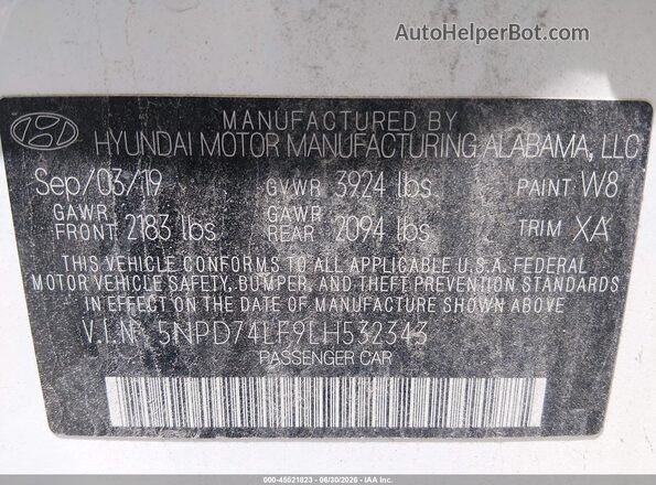 5NPD74LF9LH532343 2020 HYUNDAI ELANTRA White ძრავის განყოფილების ხედი