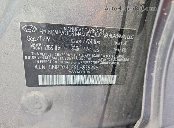 5NPD74LF9LH535999 2020 HYUNDAI ELANTRA Серый Вид наклейки с VIN-кодом