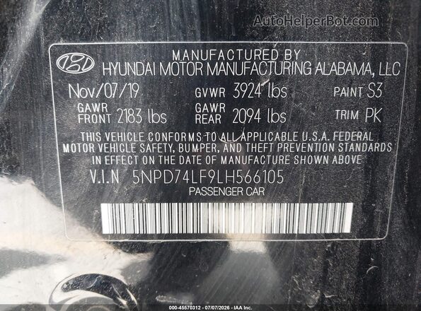 5NPD74LF9LH566105 2020 HYUNDAI ELANTRA Black Շարժիչի բաժամունքի տեսք