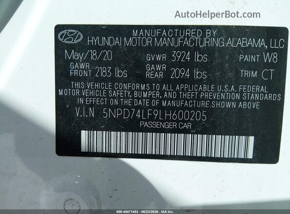 5NPD74LF9LH600205 2020 HYUNDAI ELANTRA White Vista del compartimento del motor