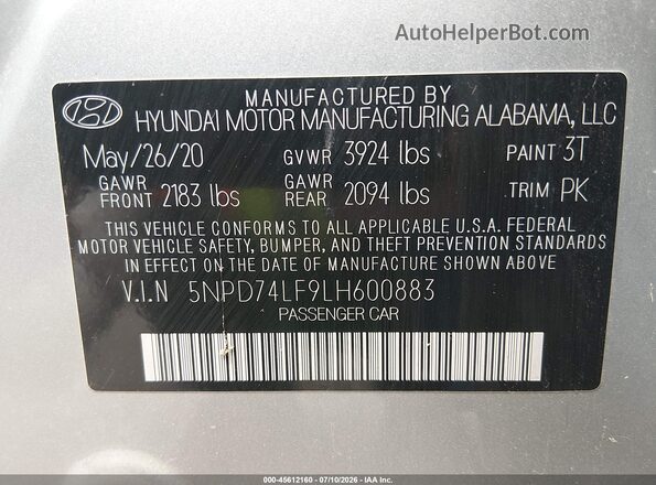 5NPD74LF9LH600883 2020 HYUNDAI ELANTRA Silver Вид підкапотного простору