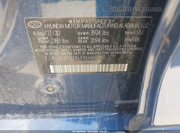 5NPD74LF9LH601113 2020 HYUNDAI ELANTRA Синий Вид подкапотного пространства