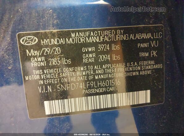 5NPD74LF9LH601516 2020 HYUNDAI ELANTRA Blue Widok komory silnika
