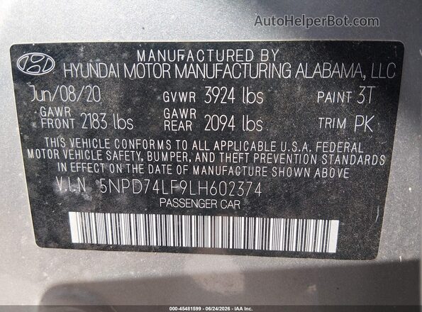 5NPD74LF9LH602374 2020 HYUNDAI ELANTRA Silver ძრავის განყოფილების ხედი
