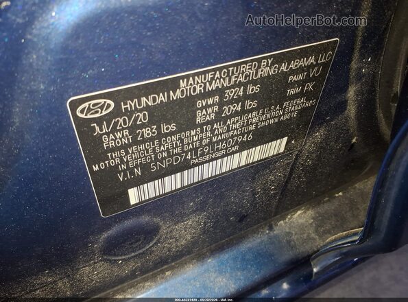 5NPD74LF9LH607946 2020 HYUNDAI ELANTRA Синий Вид подкапотного пространства