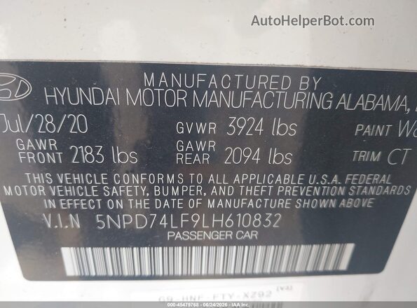 5NPD74LF9LH610832 2020 HYUNDAI ELANTRA White Vista del compartimento del motor