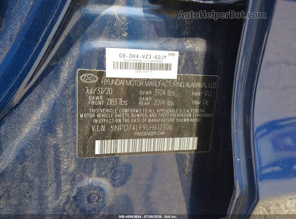 5NPD74LF9LH612306 2020 HYUNDAI ELANTRA Blue ძრავის განყოფილების ხედი