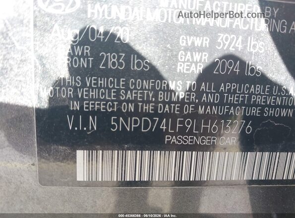 5NPD74LF9LH613276 2020 HYUNDAI ELANTRA Gray Vista del compartimento del motor