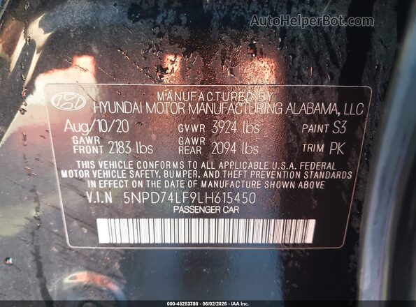 5NPD74LF9LH615450 2020 HYUNDAI ELANTRA Black Engine compartment view
