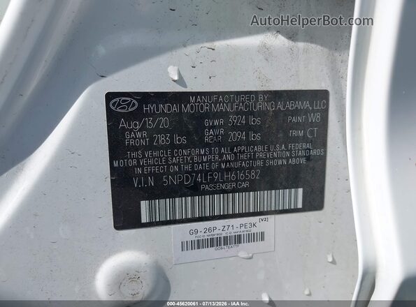 5NPD74LF9LH616582 2020 HYUNDAI ELANTRA White Vista del compartimento del motor