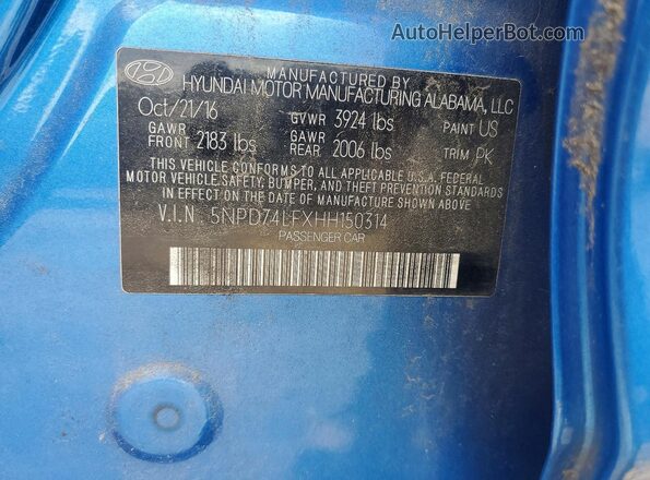 5NPD74LFXHH150314 2017 HYUNDAI ELANTRA Синий Вид подкапотного пространства