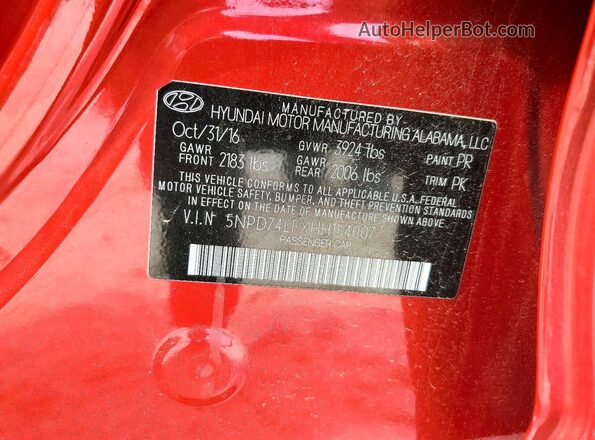5NPD74LFXHH154007 2017 HYUNDAI ELANTRA Red ძრავის განყოფილების ხედი