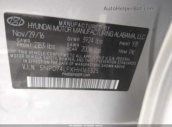 5NPD74LFXHH165525 2017 HYUNDAI ELANTRA Silver Engine compartment view