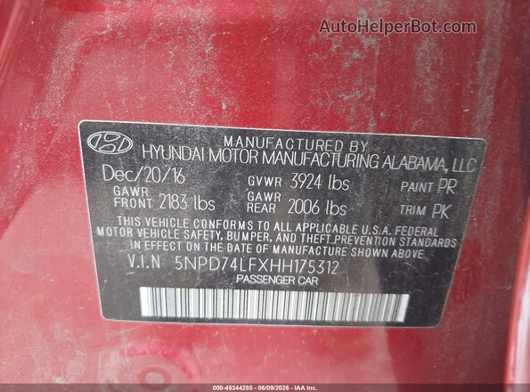 5NPD74LFXHH175312 2017 HYUNDAI ELANTRA Red Vista del compartimento del motor