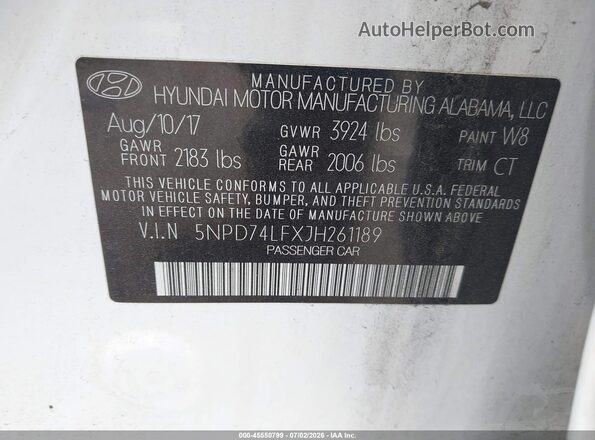5NPD74LFXJH261189 2018 HYUNDAI ELANTRA White Vista del compartimento del motor