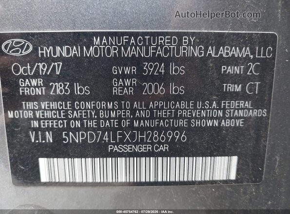 5NPD74LFXJH286996 2018 HYUNDAI ELANTRA Gray Engine compartment view