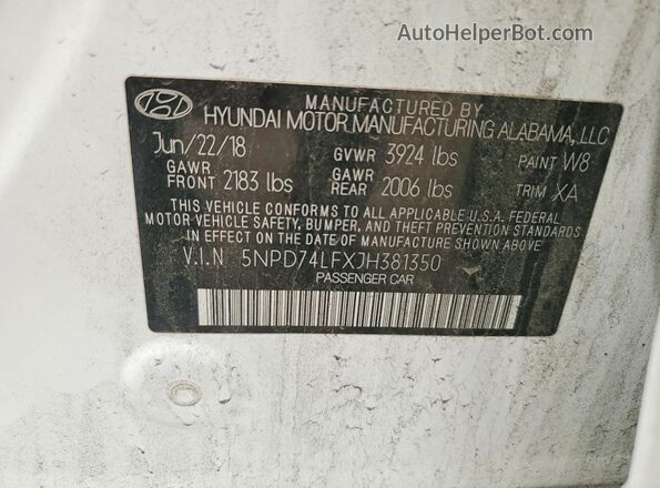 5NPD74LFXJH381350 2018 HYUNDAI ELANTRA White ძრავის განყოფილების ხედი