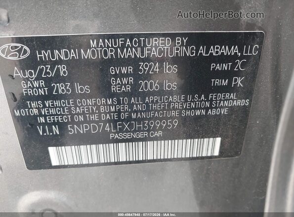 5NPD74LFXJH399959 2018 HYUNDAI ELANTRA Gray Շարժիչի բաժամունքի տեսք