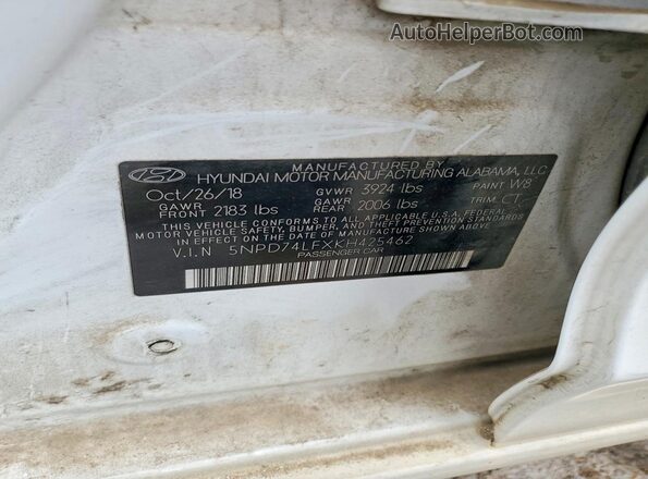 5NPD74LFXKH425462 2019 HYUNDAI ELANTRA White ძრავის განყოფილების ხედი