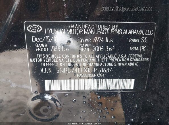 5NPD74LFXKH451687 2019 HYUNDAI ELANTRA Black Շարժիչի բաժամունքի տեսք