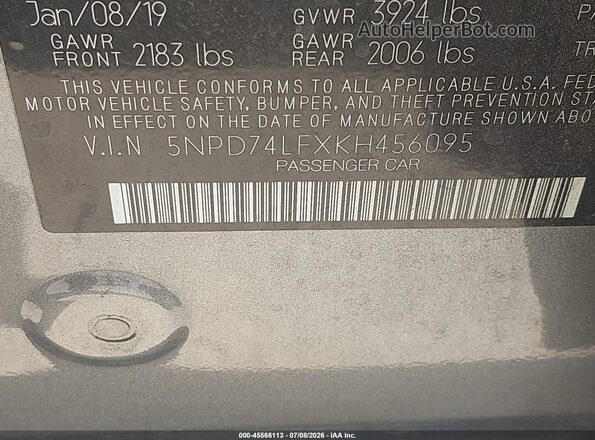 5NPD74LFXKH456095 2019 HYUNDAI ELANTRA Gray Вид підкапотного простору