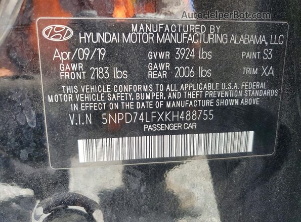 5NPD74LFXKH488755 2019 HYUNDAI ELANTRA Black Widok naklejki z numerem VIN