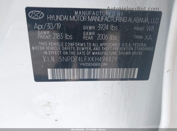 5NPD74LFXKH494829 2019 HYUNDAI ELANTRA White Engine compartment view