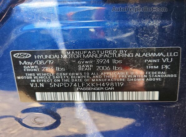 5NPD74LFXKH498119 2019 HYUNDAI ELANTRA Blue ძრავის განყოფილების ხედი
