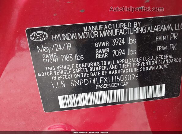 5NPD74LFXLH503093 2020 HYUNDAI ELANTRA Red Շարժիչի բաժամունքի տեսք