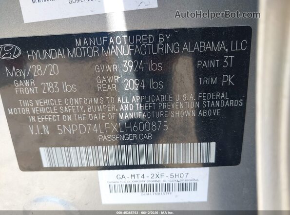 5NPD74LFXLH600875 2020 HYUNDAI ELANTRA Silver ძრავის განყოფილების ხედი