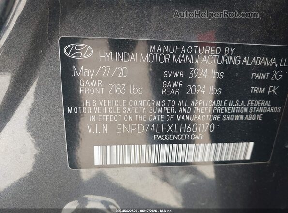 5NPD74LFXLH601170 2020 HYUNDAI ELANTRA Gray უკანა მარჯვენა