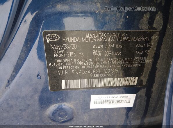 5NPD74LFXLH601315 2020 HYUNDAI ELANTRA Blue Engine compartment view